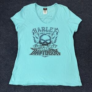 Harley-Davidson Shirt Womens 2XL Blue Skull Rhinestone Biker Graphic Tee‎ Top